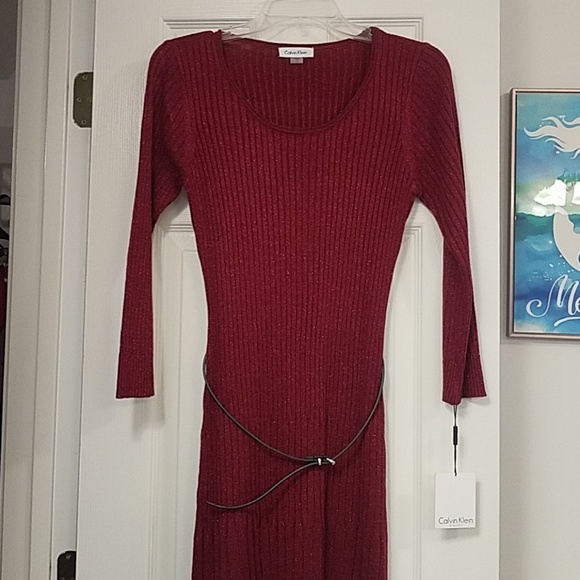 NWT Calvin Klein Red Sparkly Lurex Sweaterdress - Picture 2 of 10